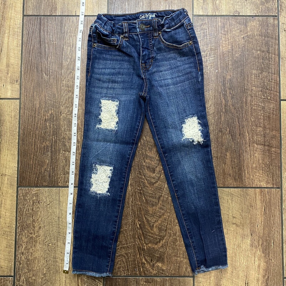 Cat & Jack Distressed Skinny Jeans Girls Size 6 Dark Wash Crochet Stretch Denim